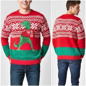 Blizzard Bay T-Rex Ugly Christmas Sweater Men’s Small Red Green White Fair Isle